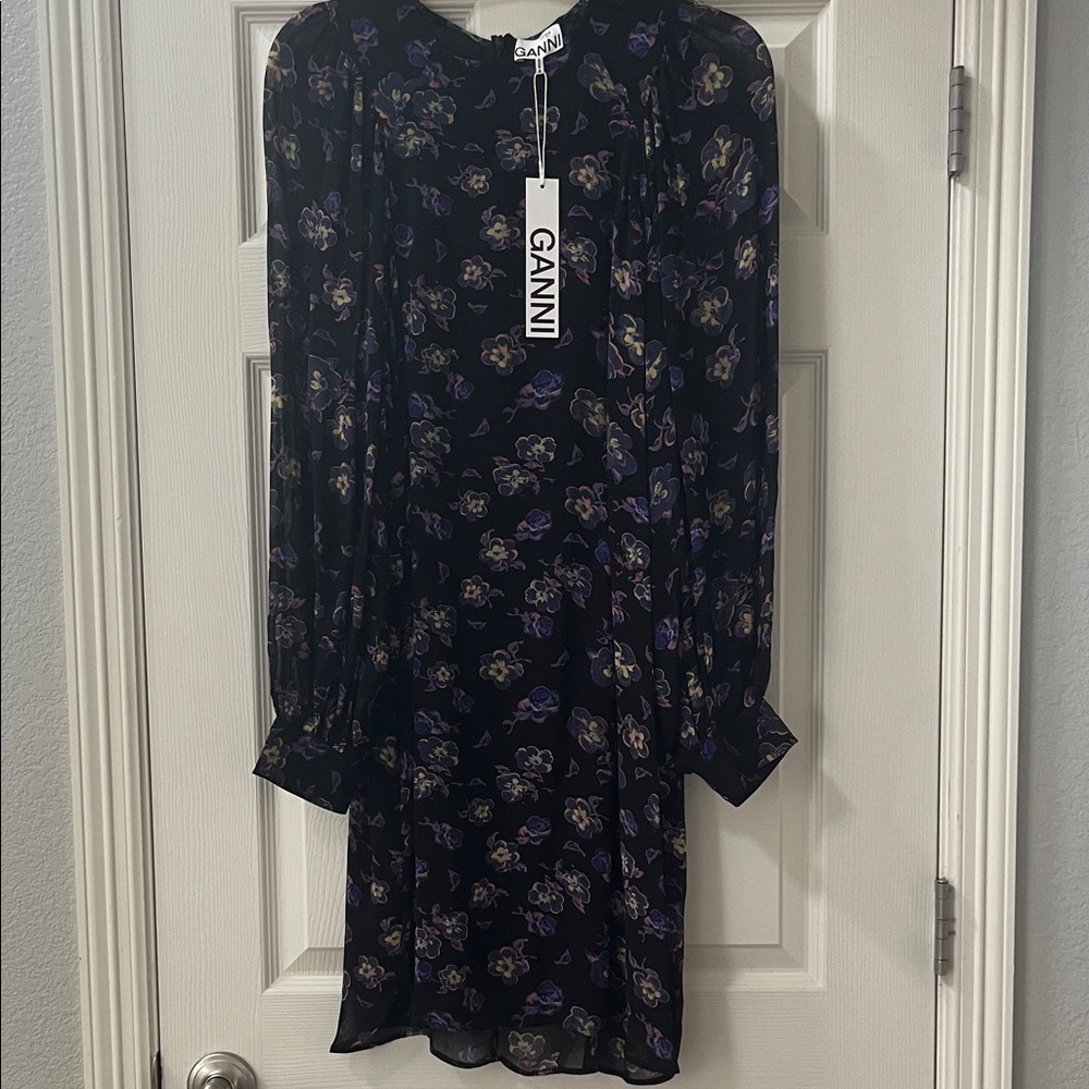 Ganni Black and Purple Long Sleeve Dress NWT Size 36